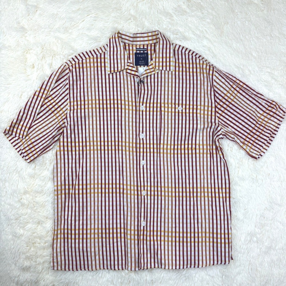 NWT Trust Button Up Shirt Mens XL White Berry Plaid Linen Blend Short Sleeve
